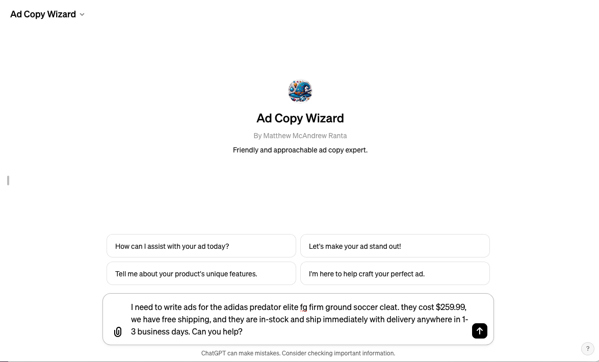 Ad Copy Wizard Starting State